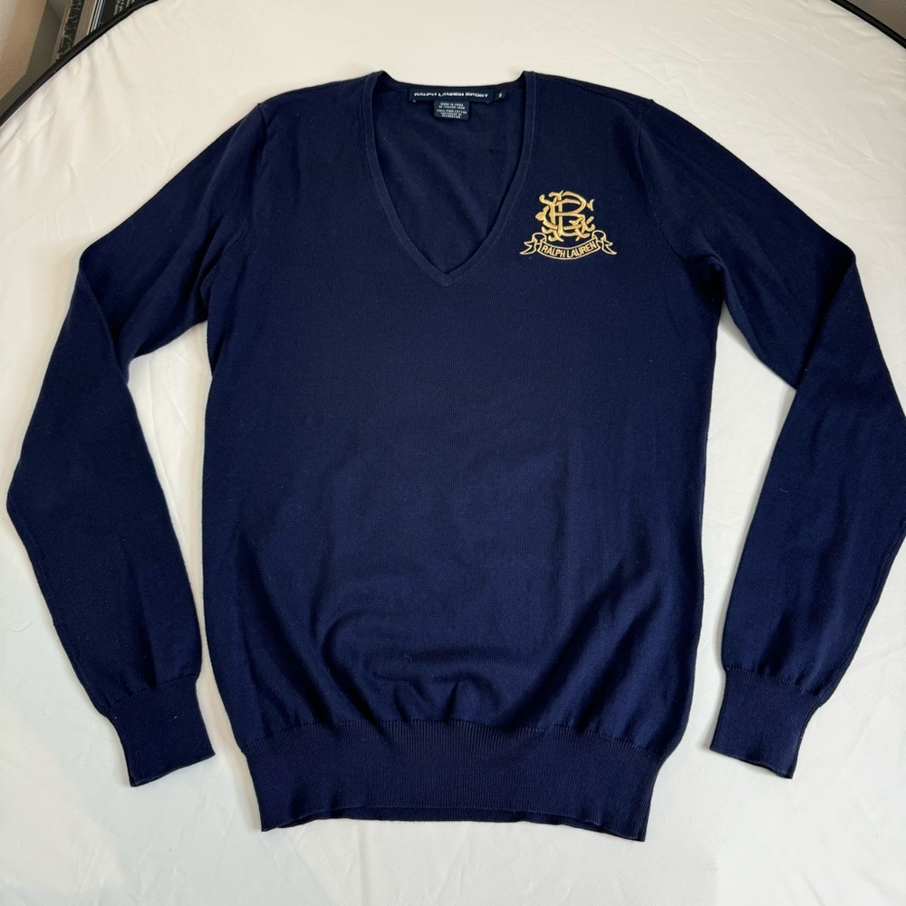 Ralph Lauren sport women’s navy v neck with large crest logo. Size small